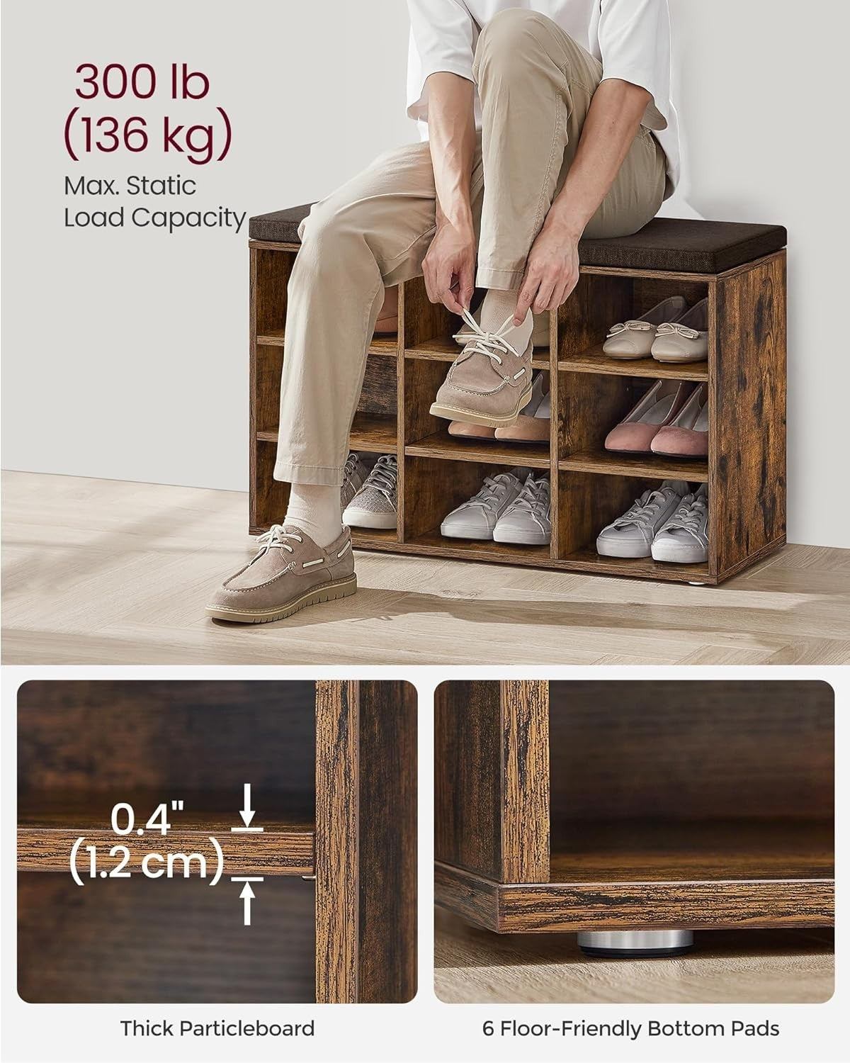 Rustic Shoe Storage Bench with Cushion – 9 Compartment Hallway Organiser 78cm