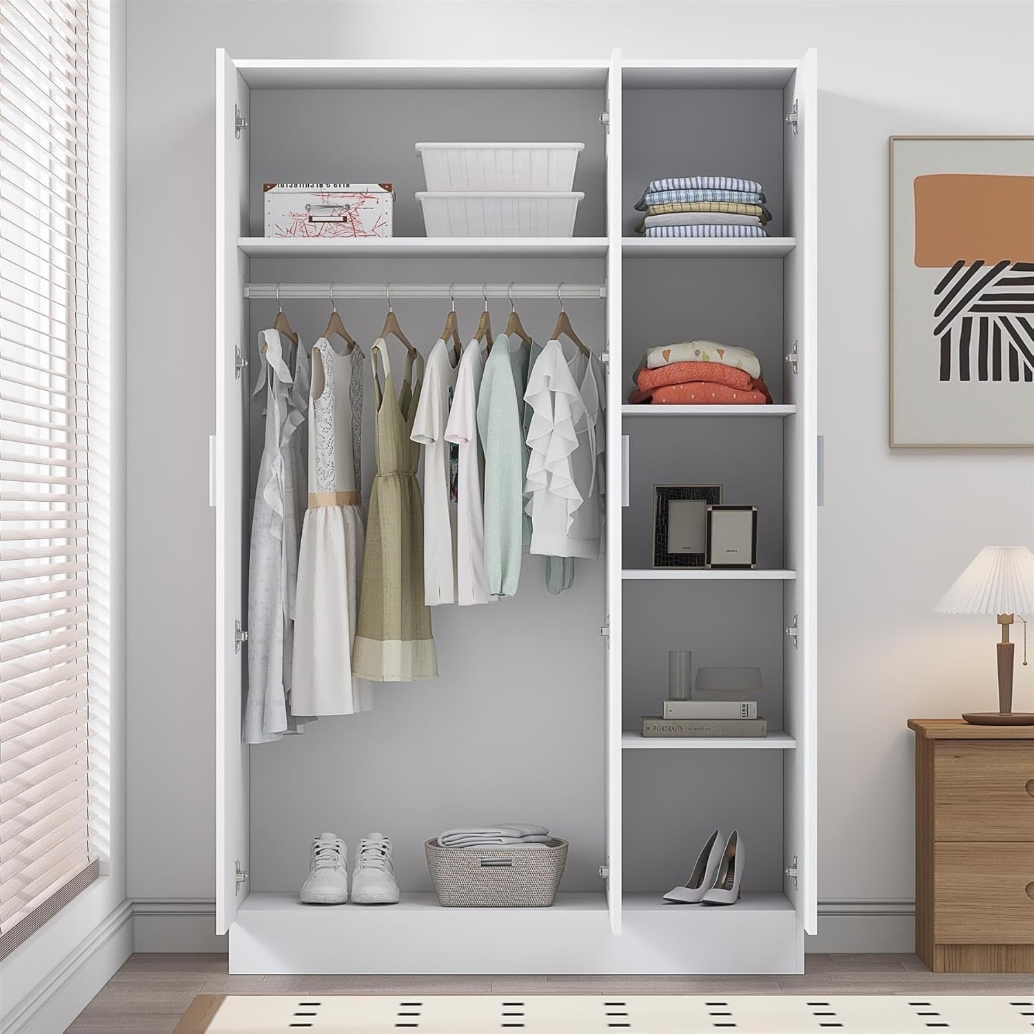 3 Door Mirrored Wardrobe White Gloss with Hanging Rail & 4 Shelves Storage