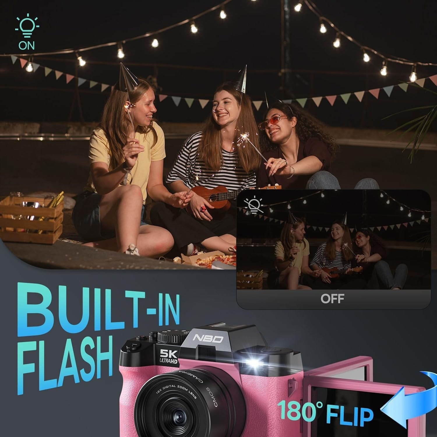 5K 64MP Vlogging Camera WiFi Flip Screen 16X Zoom Pink Kit