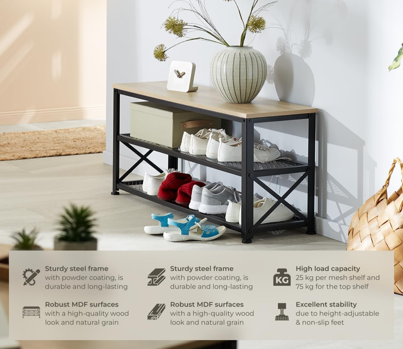 Space-Saving 3-Tier Shoe Rack with Wood-Look Shelf & Sturdy Steel Frame