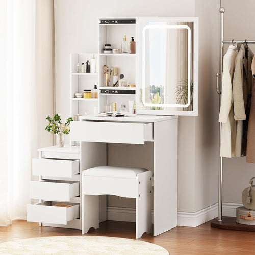 Modern Vanity Makeup Dressing Table Sliding Mirror Lighted Cabinet 5 Drawers