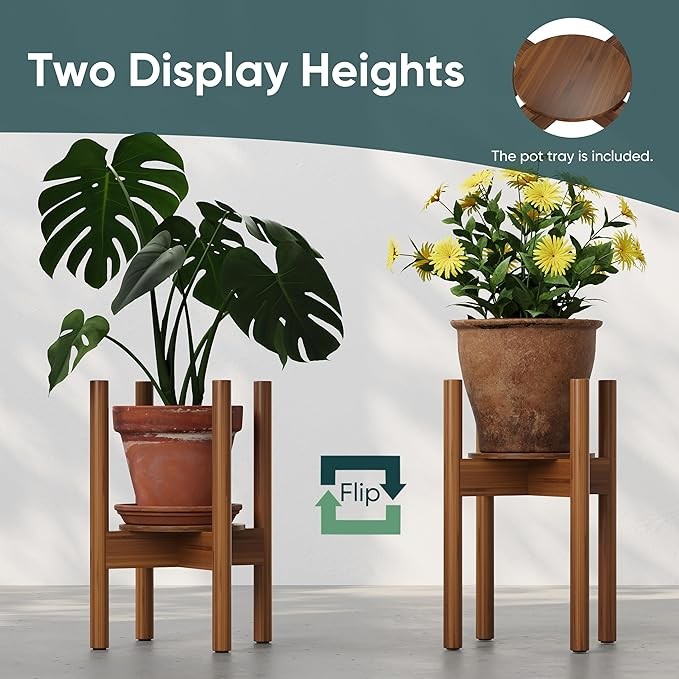 Adjustable Bamboo Plant Stand 2 Pack with Tray for Indoor Pots 20–30cm Walnut