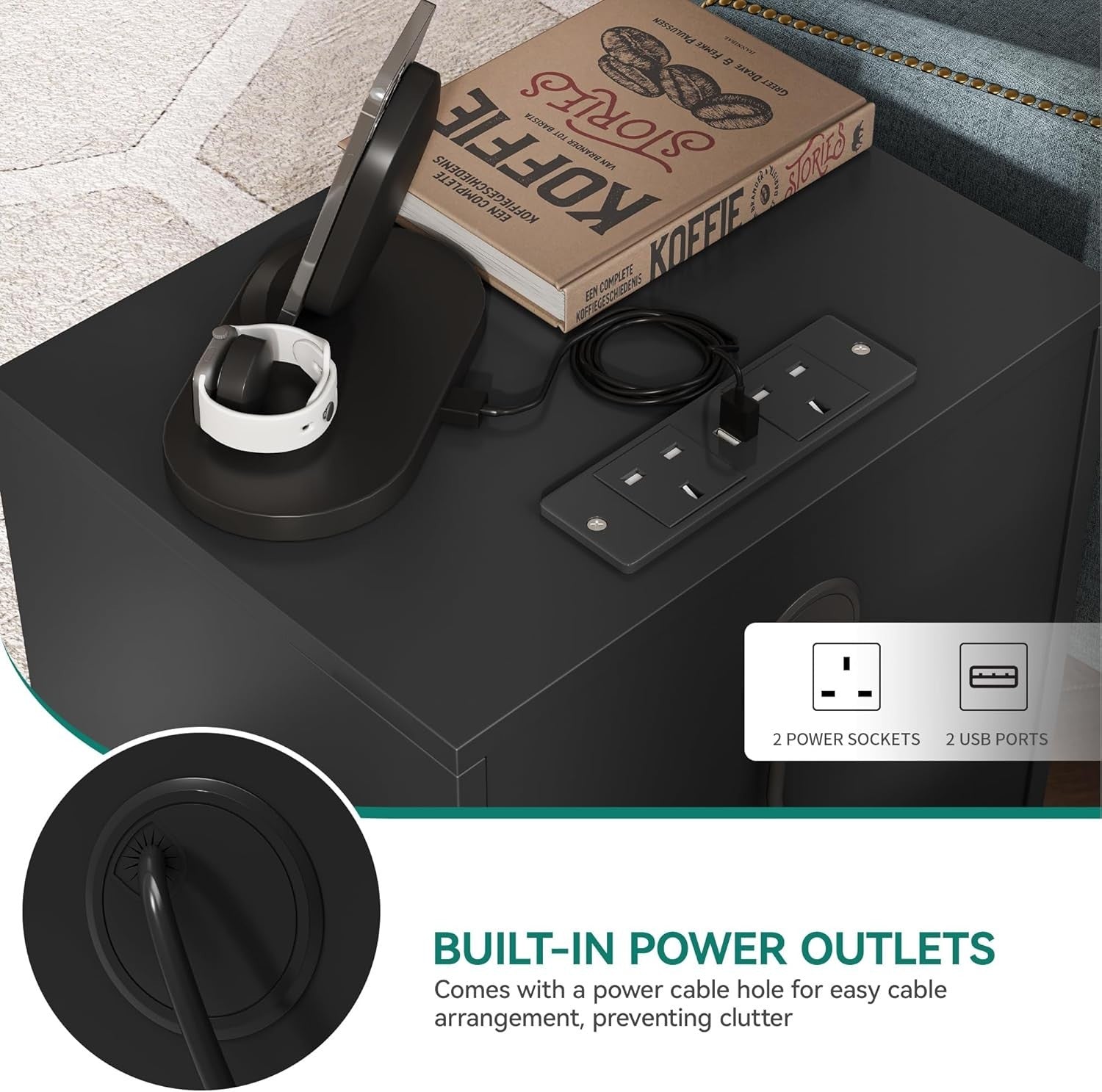 Black & Gold 2 Drawer Bedside Table – Modern Nightstand with USB Ports