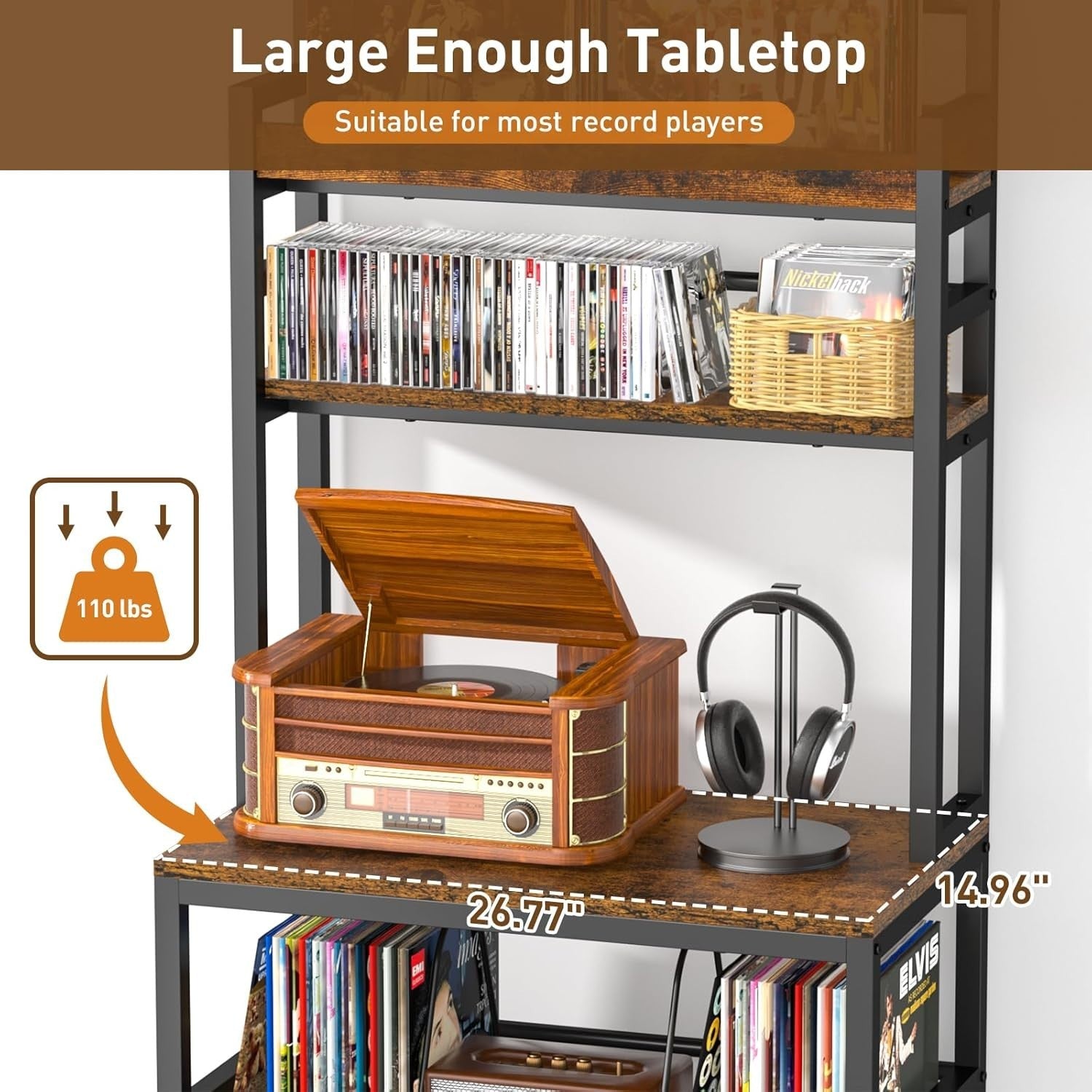 5 Tier Record Player Stand Vinyl Storage Rack CD DVD Media Shelf