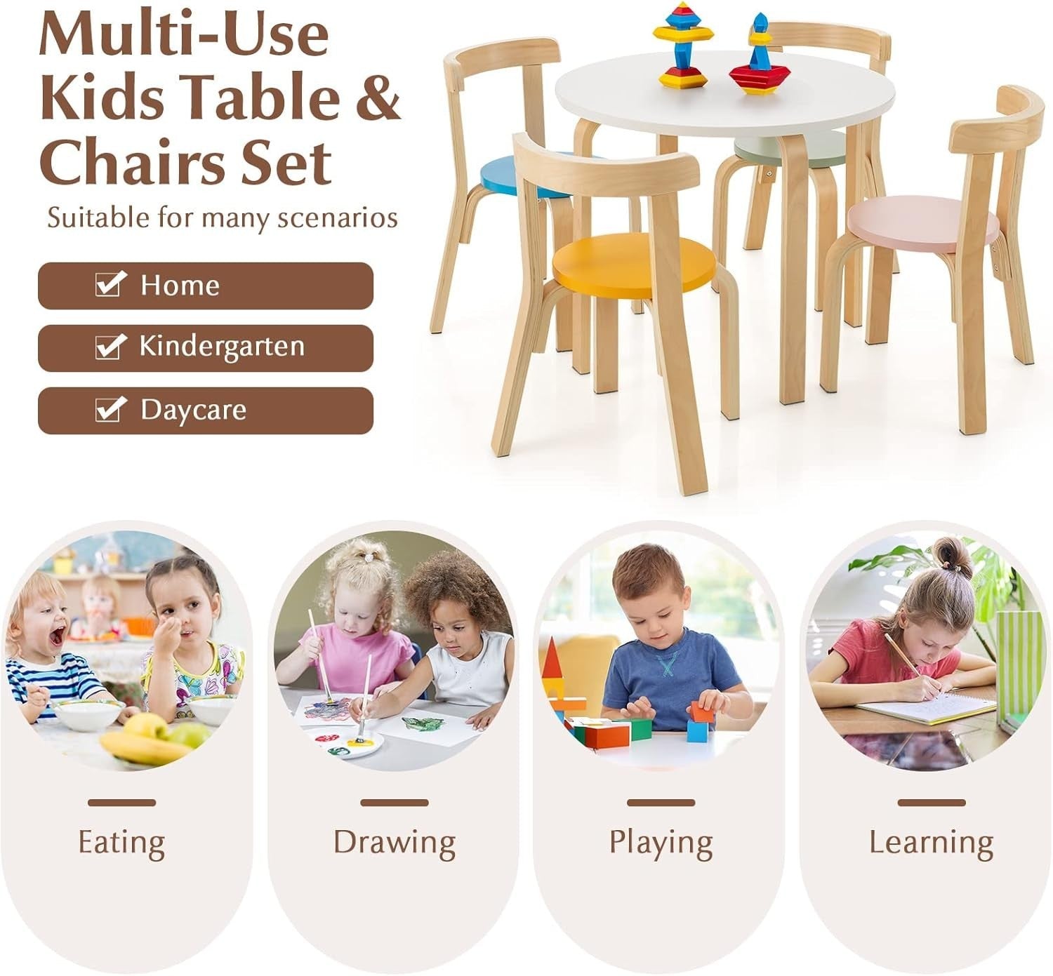 Kids Table and Chairs Set Solid Wood 5pc Multicolor Round Playroom Furniture