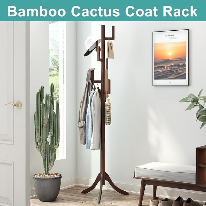 Brown Bamboo Coat Rack Freestanding 6 Hooks | Adjustable Wooden Hall Tree