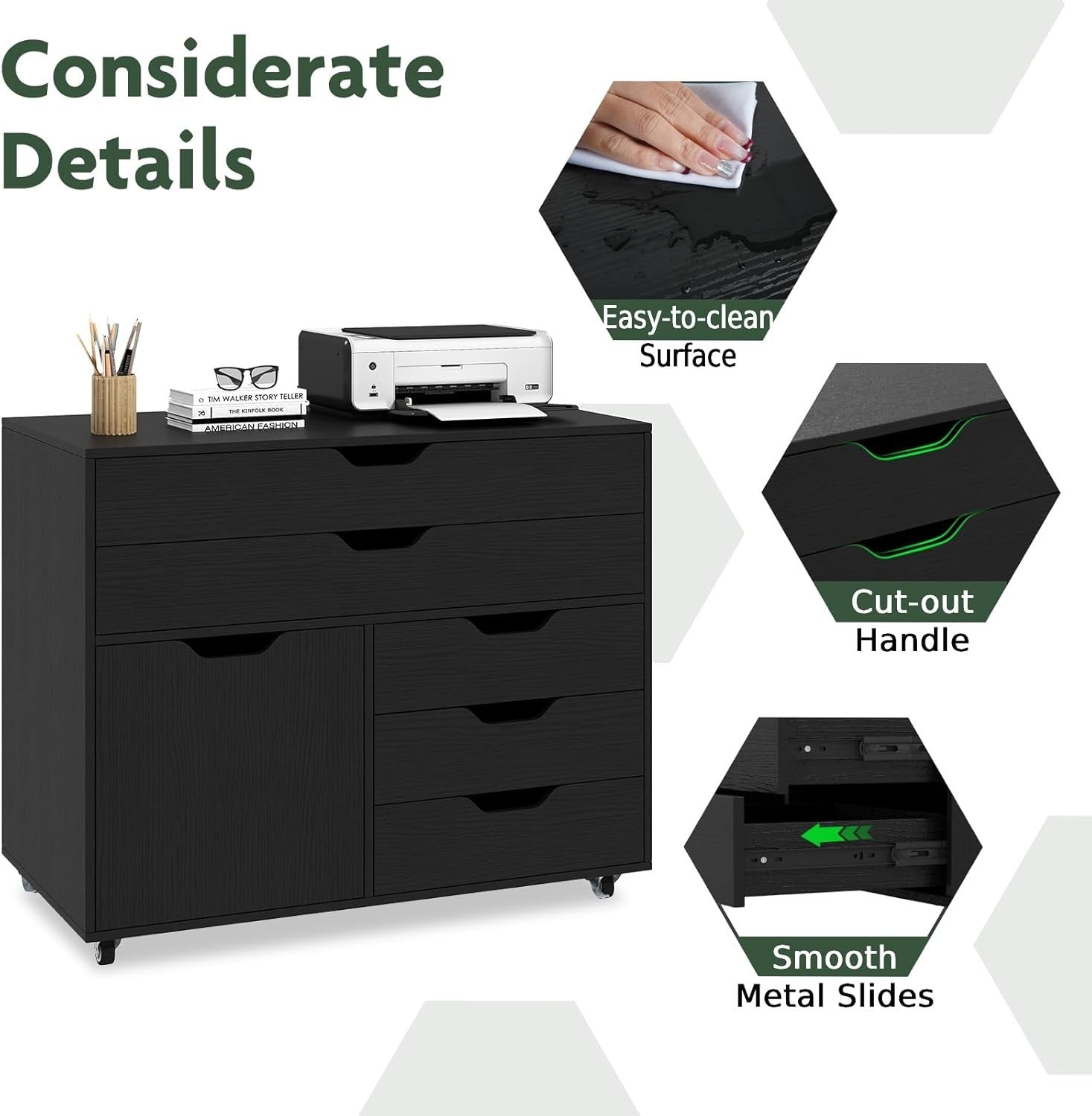Black Mobile File Cabinet 77x40x64cm 5 Drawer Printer Stand