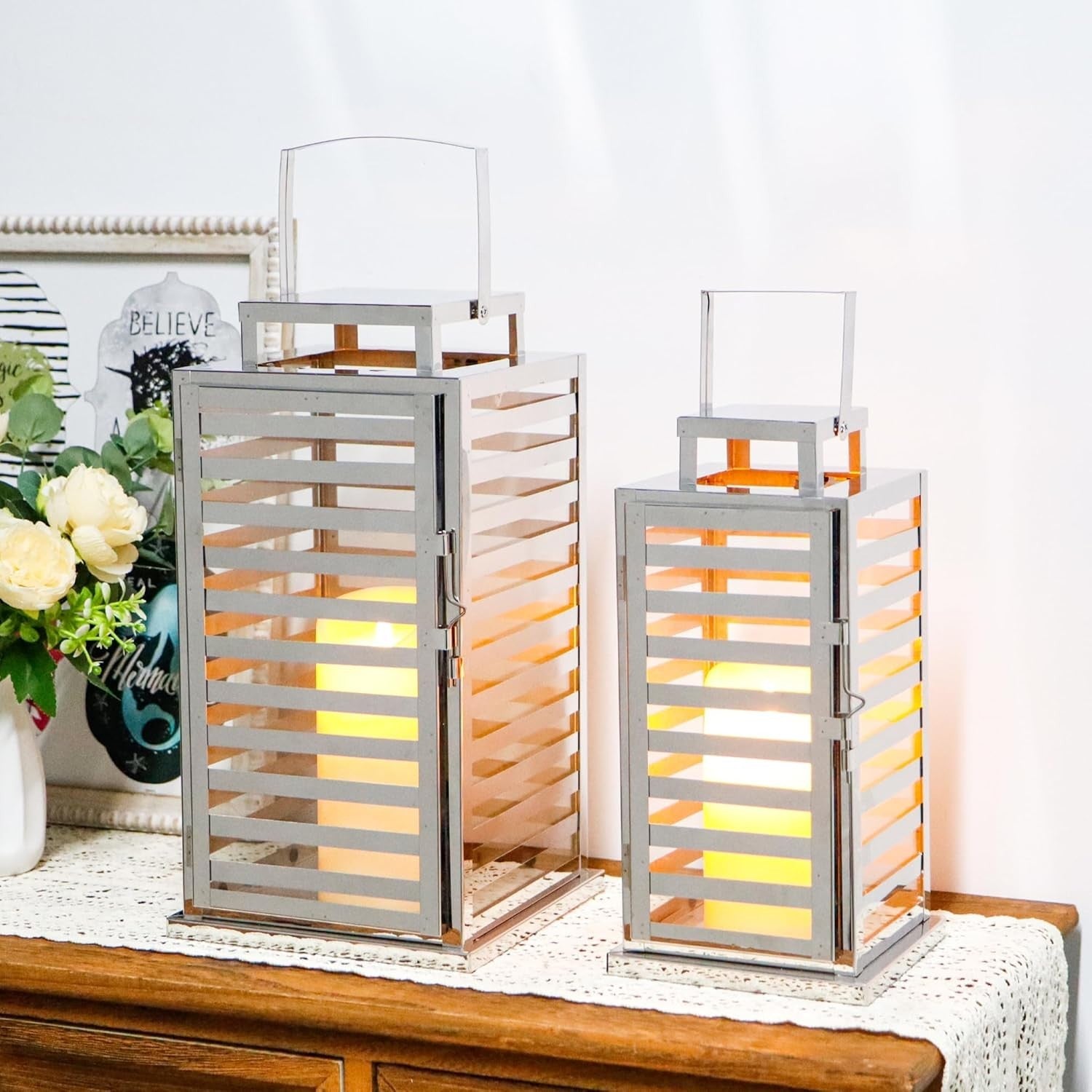 Set of 2 Silver Stainless Steel Candle Lanterns 38 cm