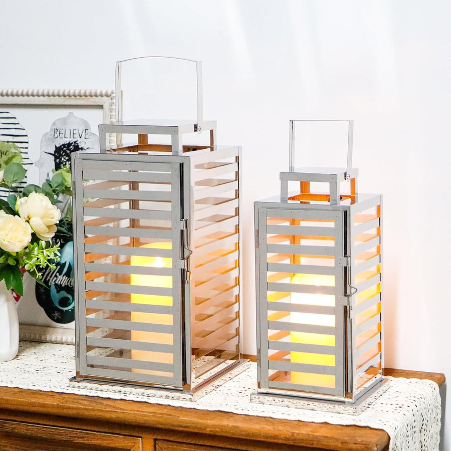 Set of 2 Silver Stainless Steel Candle Lanterns 38 cm