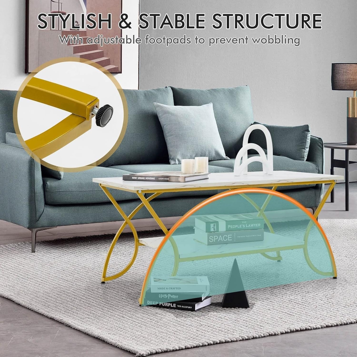 2-Tier Marble Coffee Table with Golden Frame – Rectangular Storage Shelf, 100x50