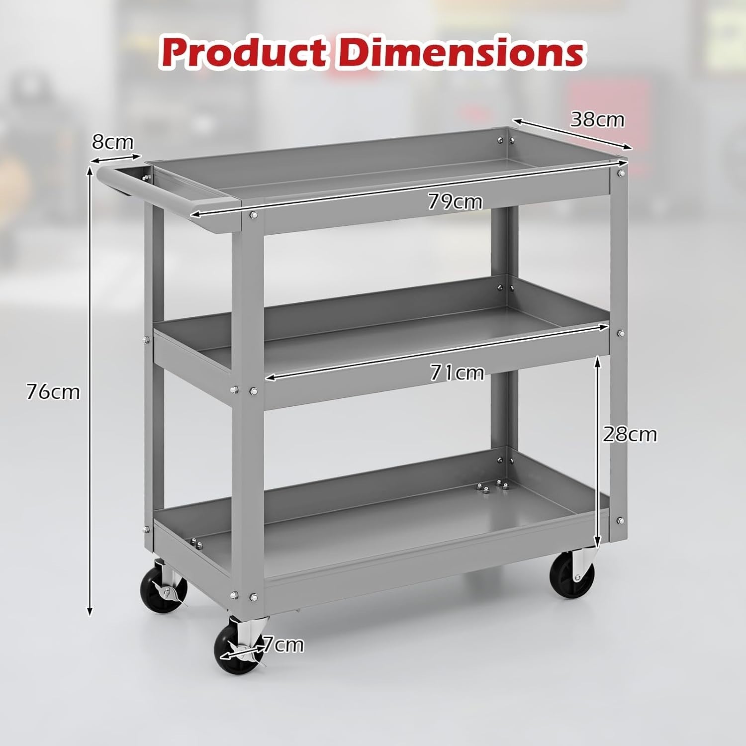 Heavy Duty Grey 3-Tier Rolling Utility Cart w/ Lockable Wheels 38x79x76cm
