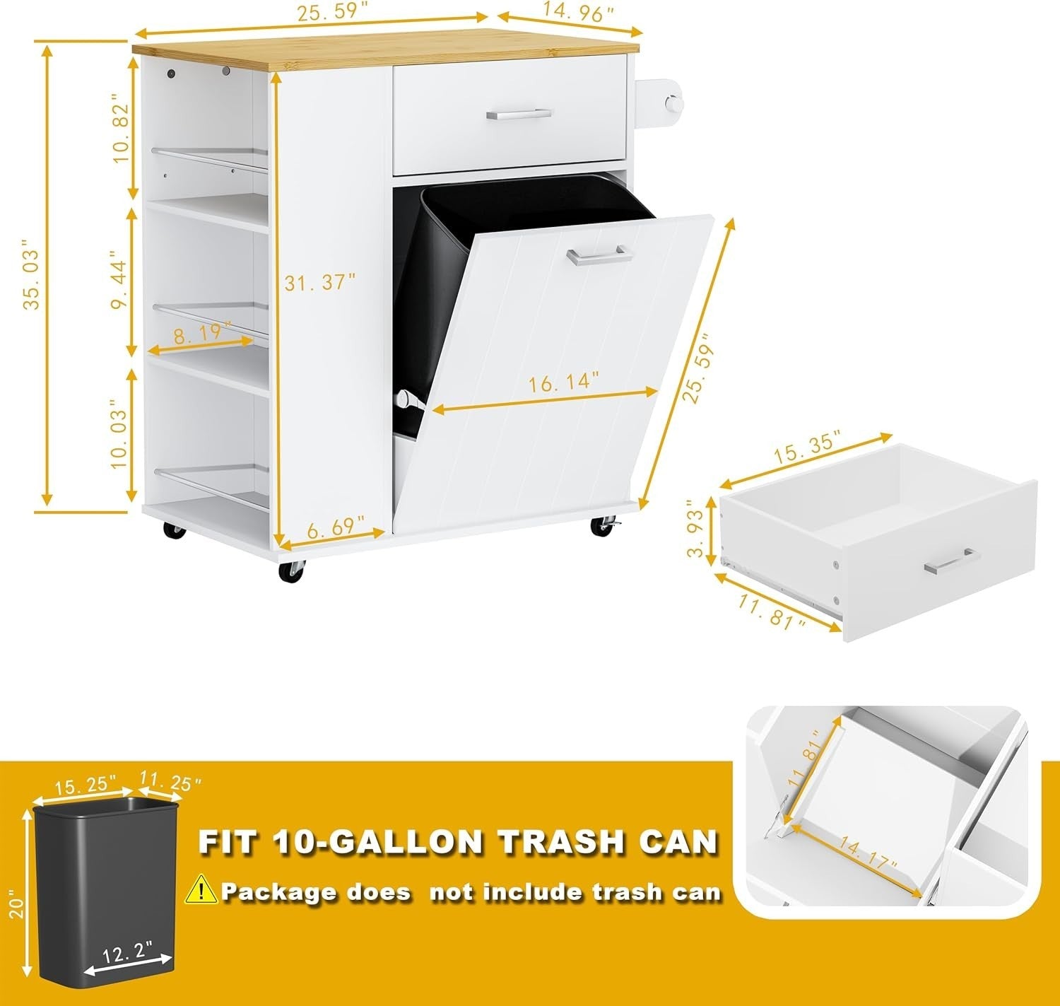 White Rolling Kitchen Island with Tilt-Out Trash Bin, Spice Rack & Towel Bar