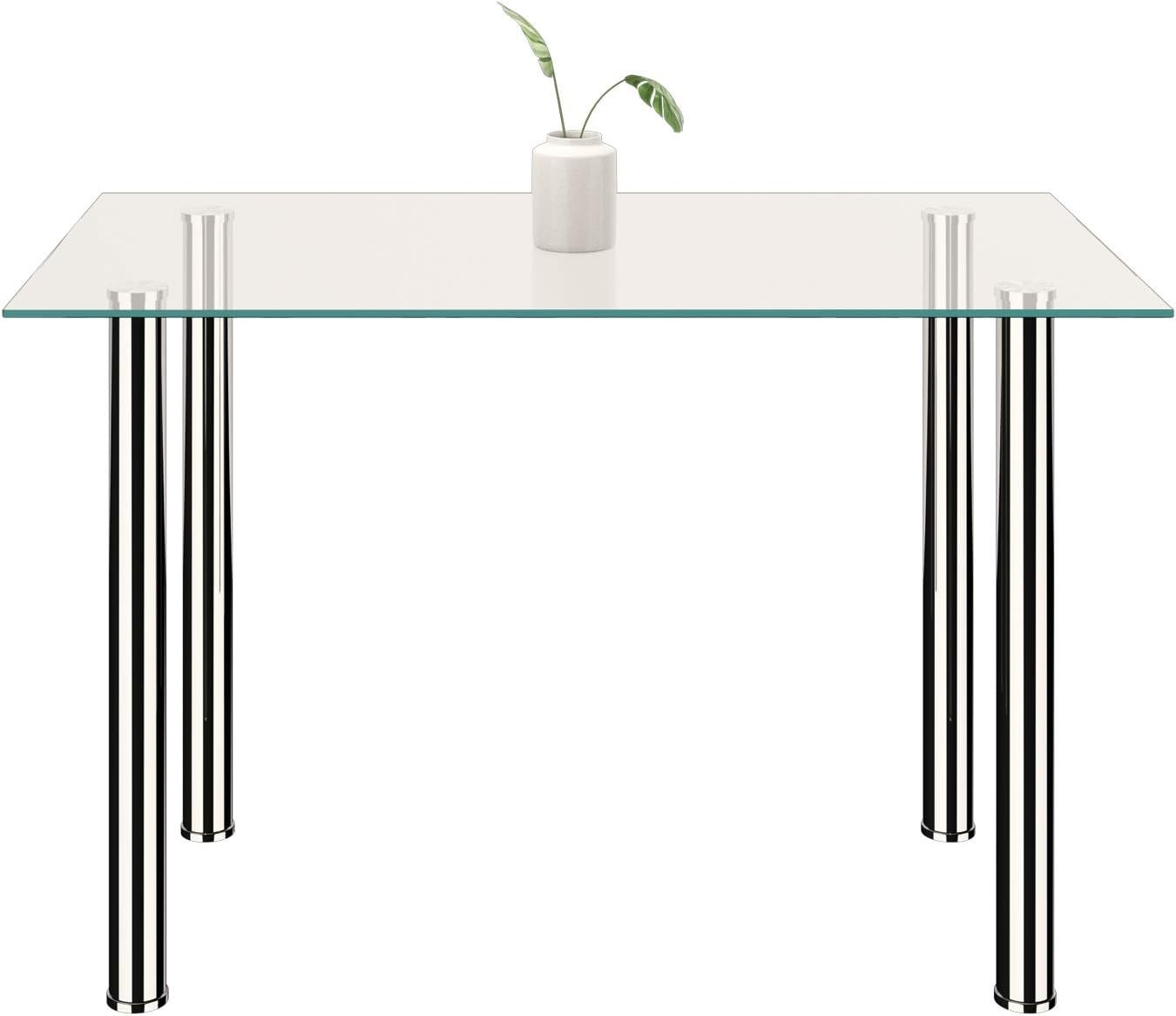 Rectangular Glass Dining Table with 4 Grey Faux Leather Chairs Set