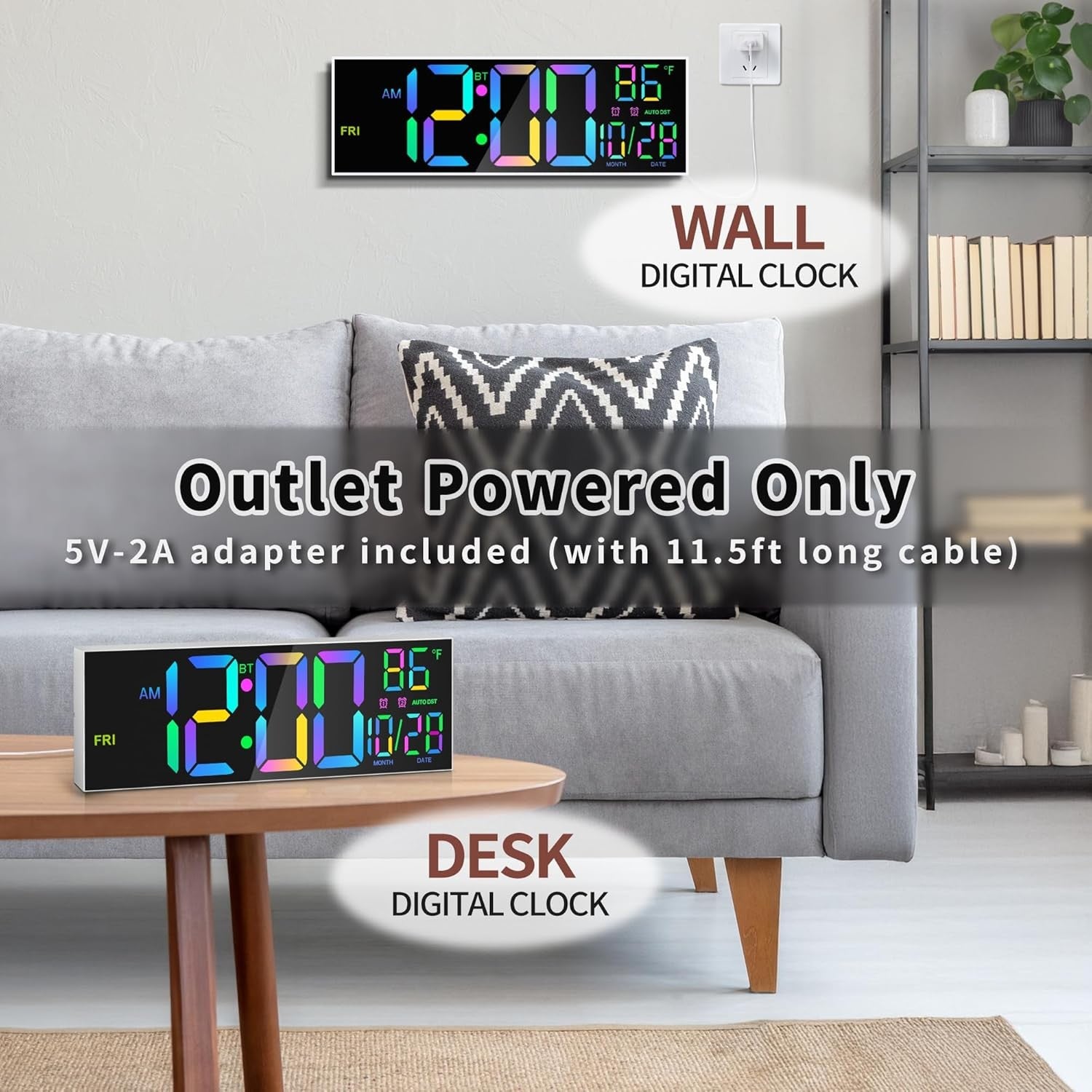 16.5" Large Digital Wall Clock RGB LED Display Temp Date Alarm Remote Sync