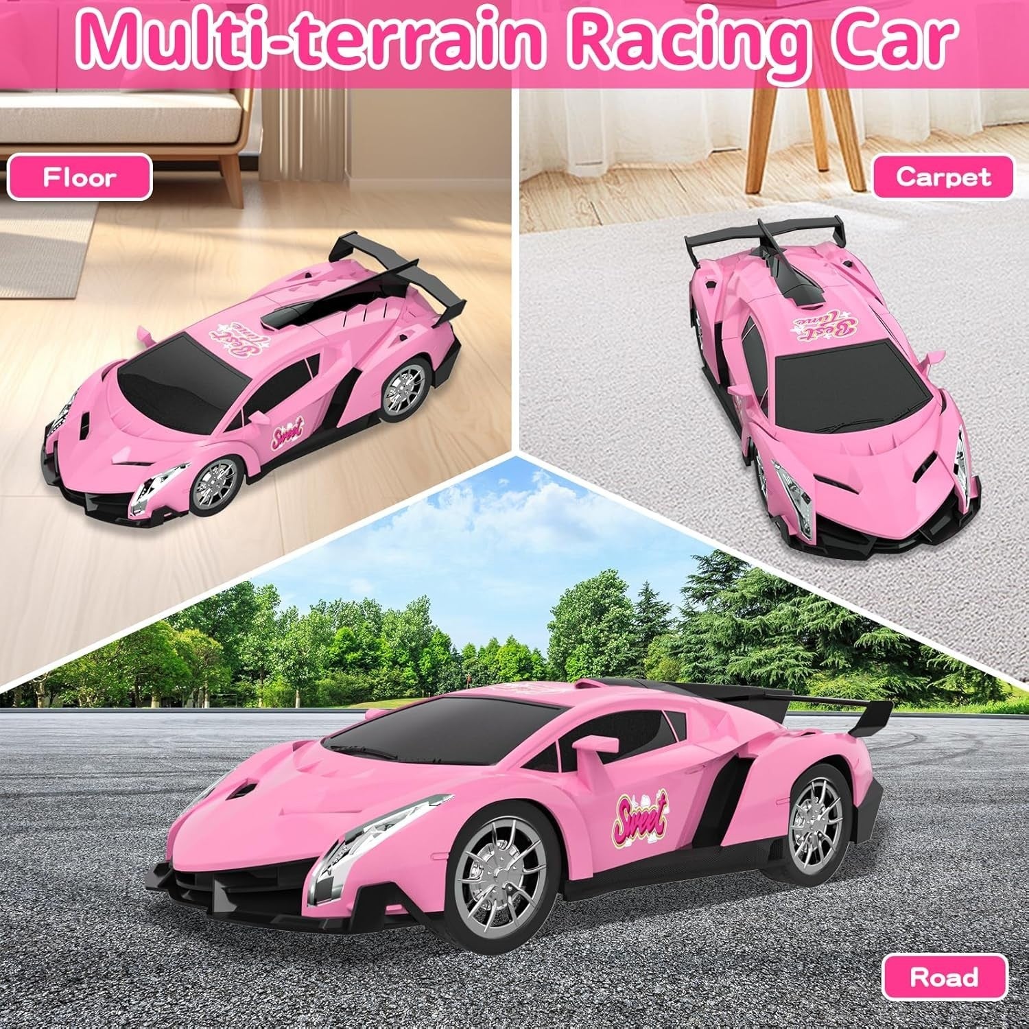 Pink RC Racing Car 1:18 Remote Control Toy with LED Lights for Girls 3+