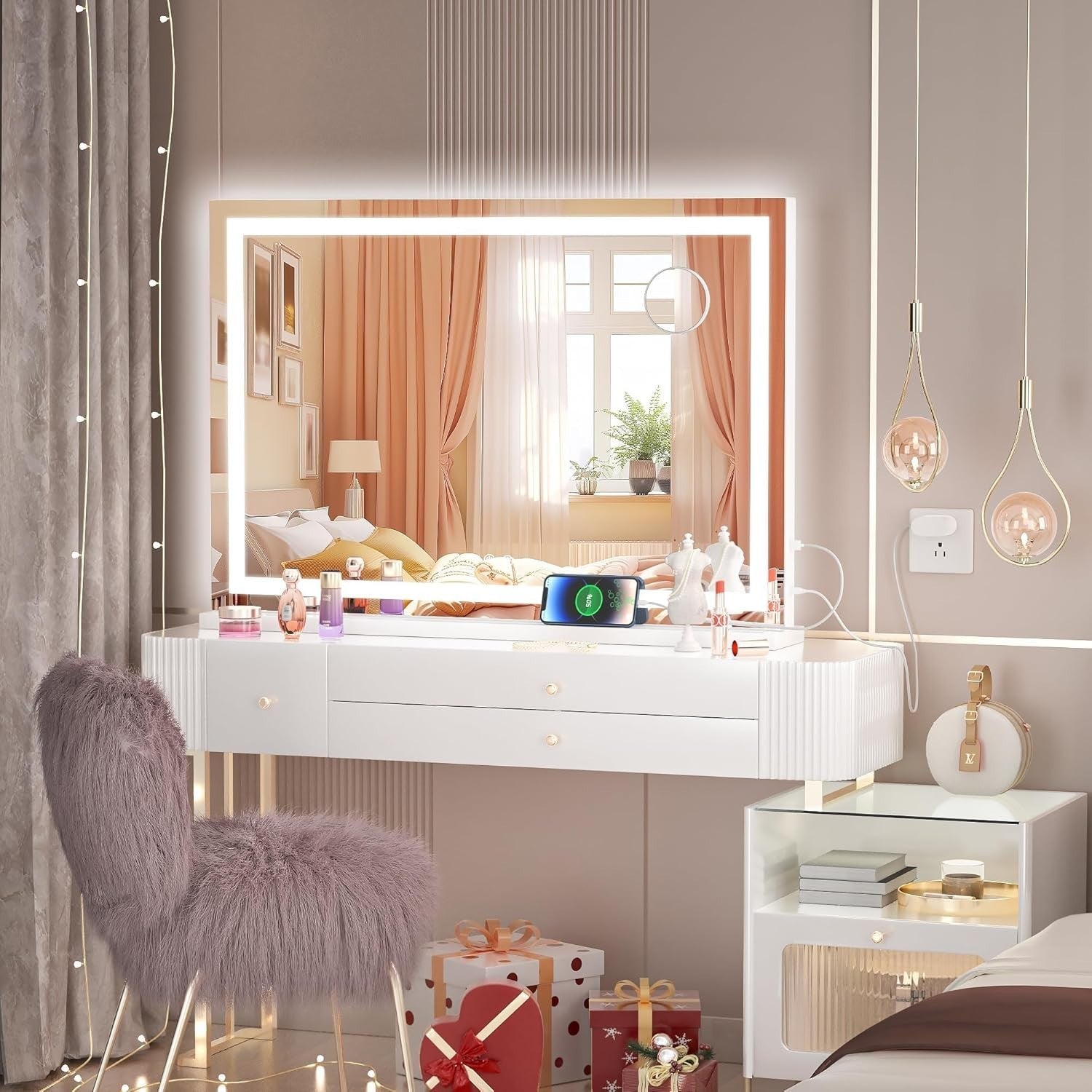 LED Vanity Mirror 80x58cm with Lights, 3 Light Modes, Touch Dimming Wall/Table