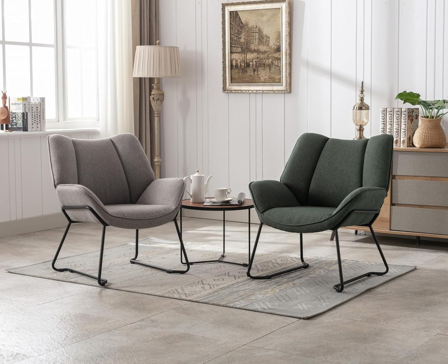 Green Linen Accent Armchair Tub Chair for Living Room Bedroom Modern