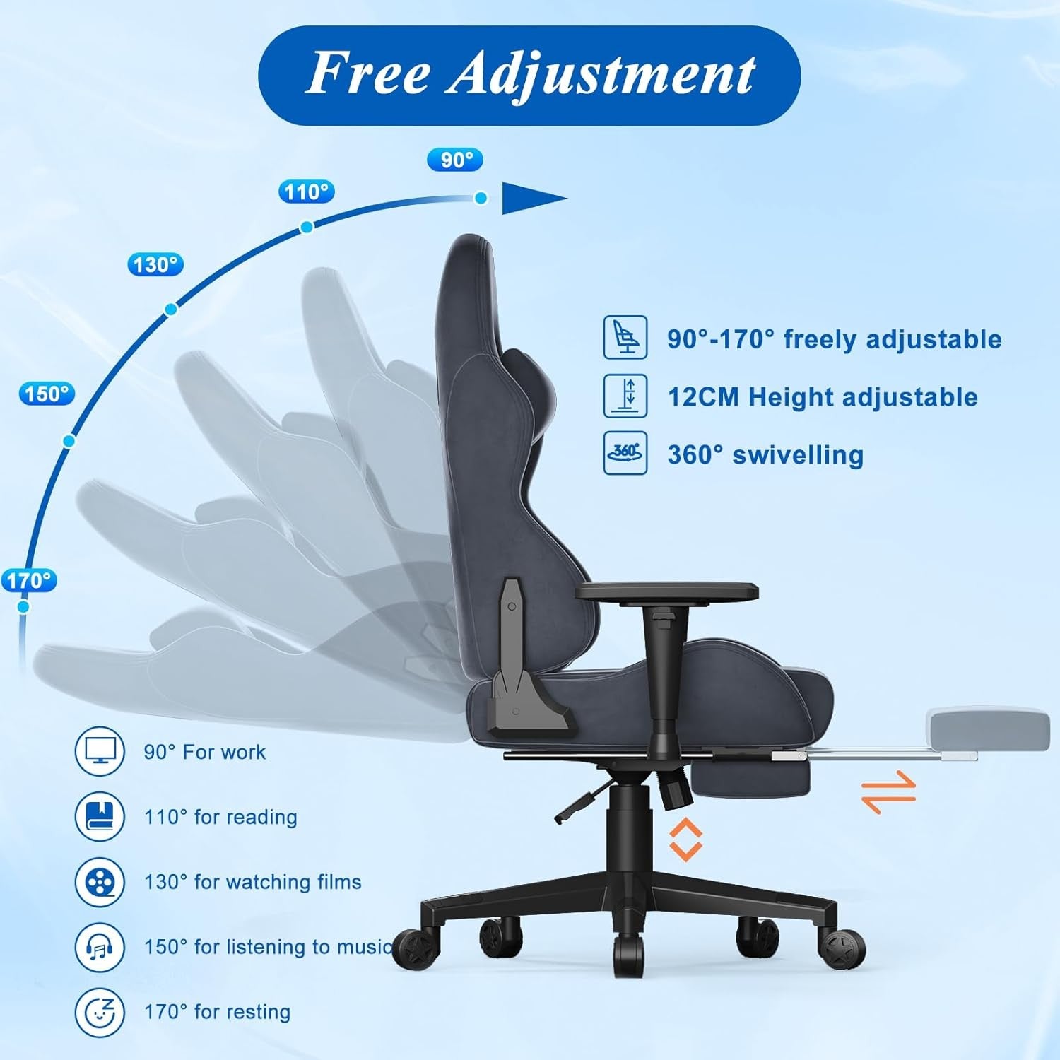 Massage Gaming Chair Reclining Footrest Ergonomic Grey