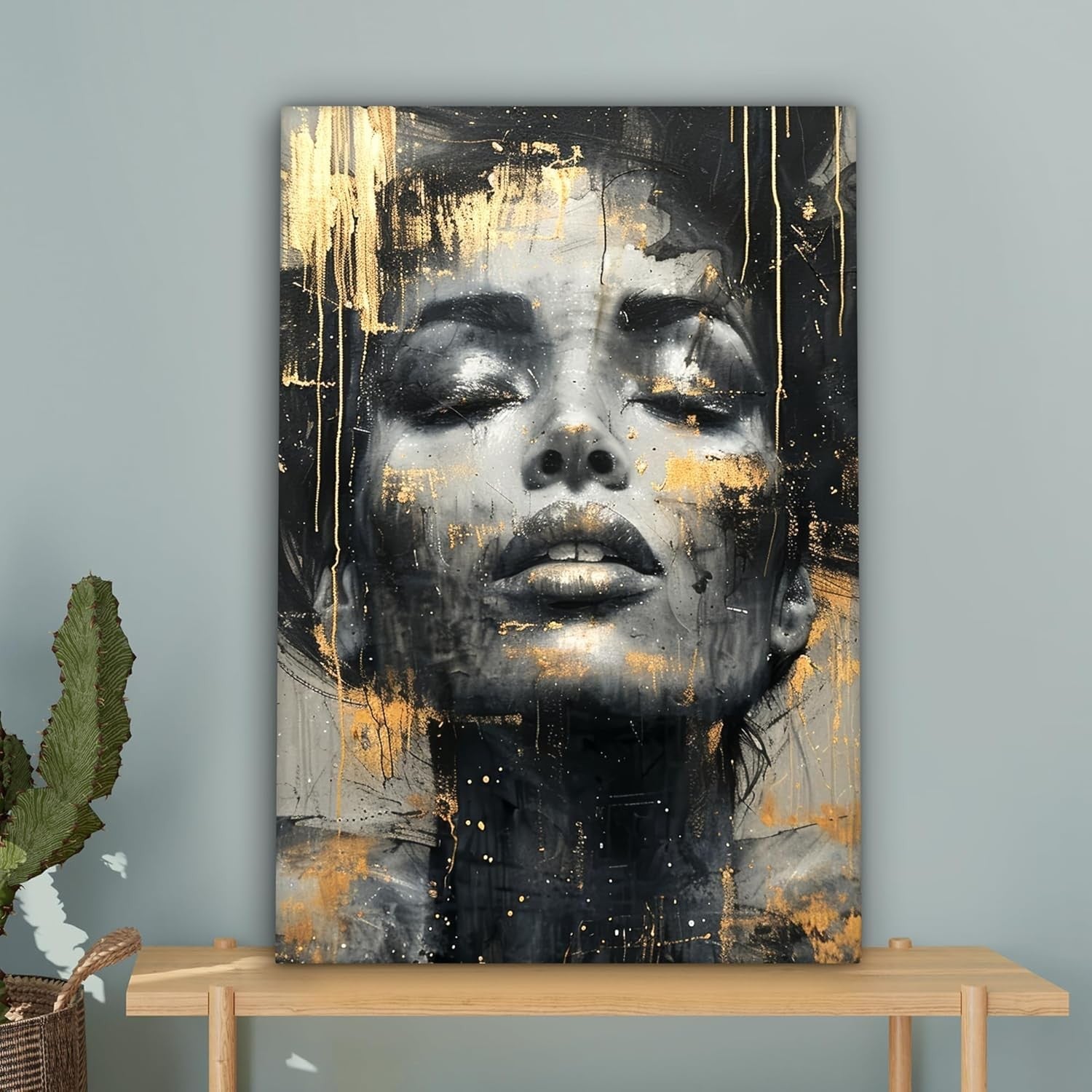 Large Abstract Woman Canvas Wall Art Gold Black 60x90cm Framed