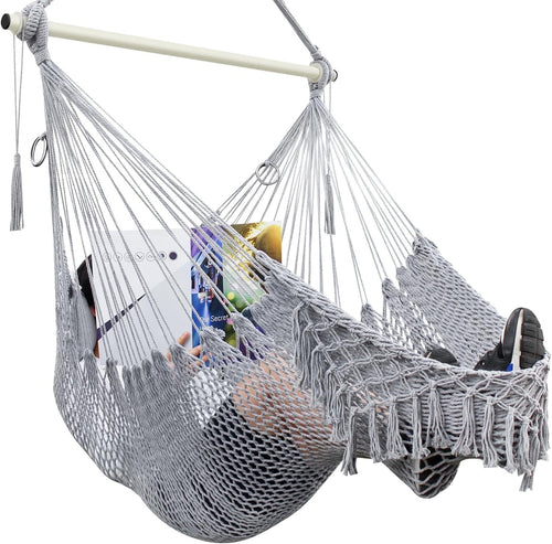 Grey Hammock Chair with Breathable Cotton Mesh – Indoor Outdoor Swing Seat