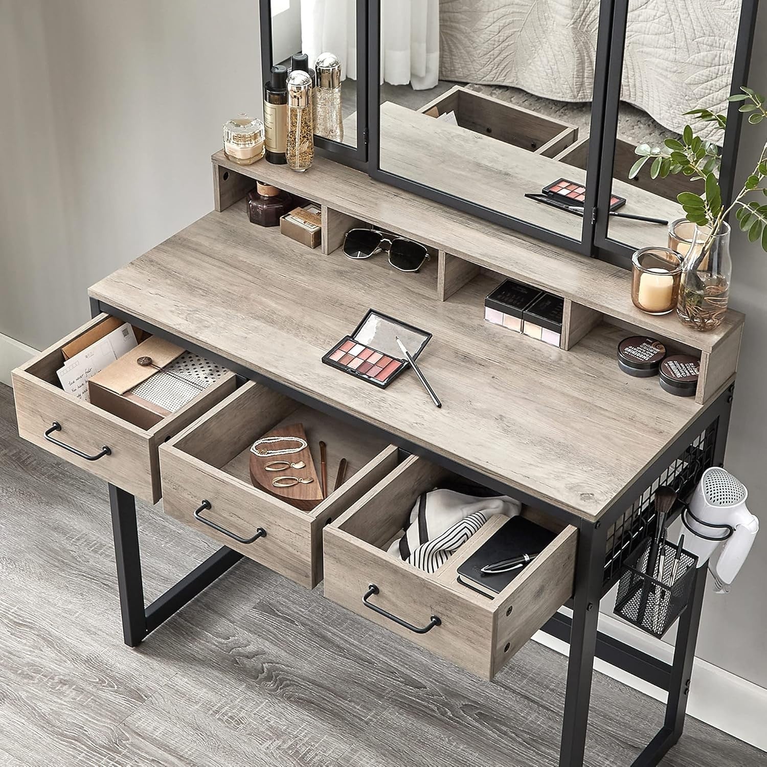 Vanity Dressing Table Set w/ Tri-Fold Mirror, 3 Drawers, Stool, Storage Rustic B