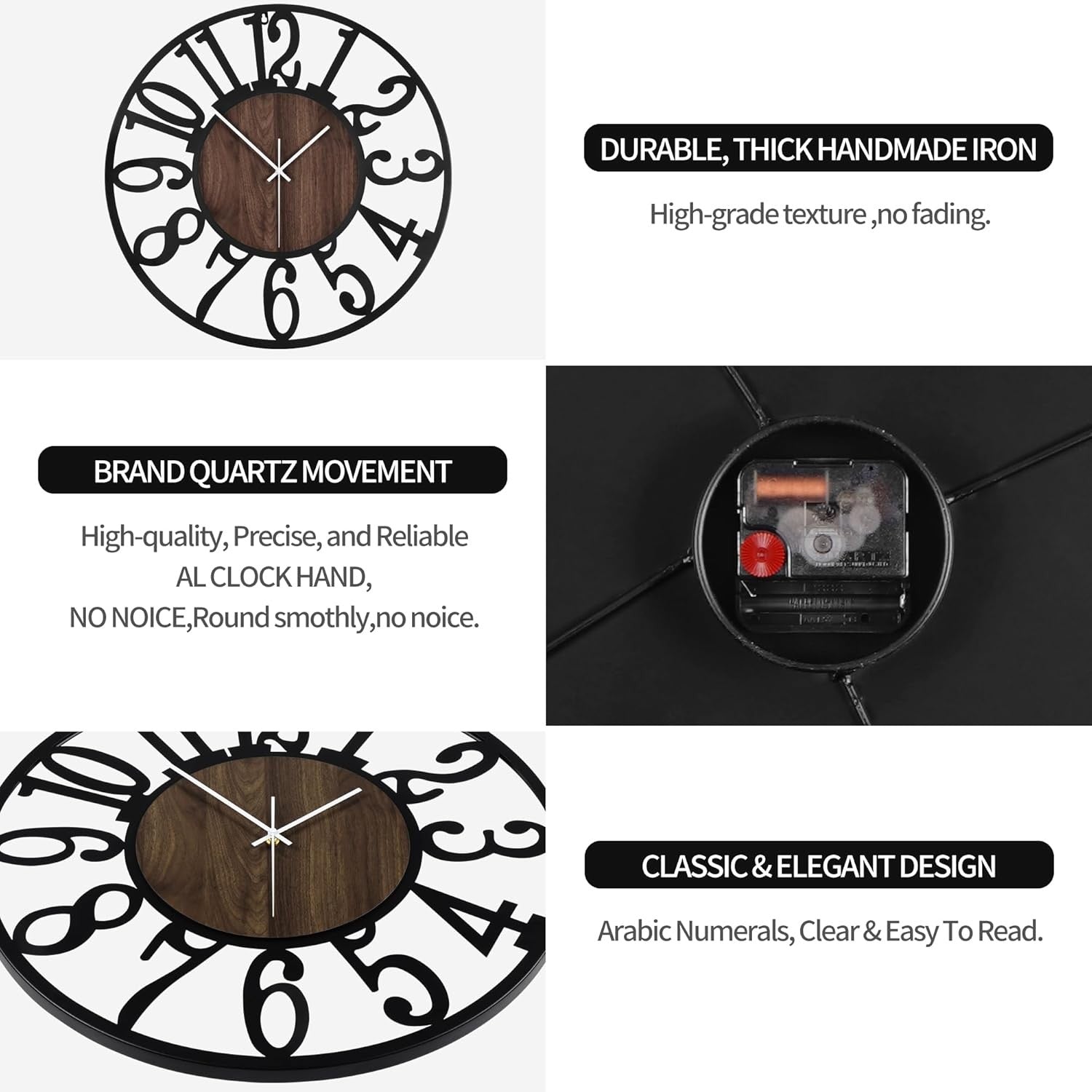 Large 40cm Silent Wall Clock Modern Rustic Metal Wood Arabic Number Decor