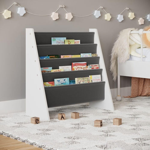 Kids 4 Tier Sling Bookshelf MDF & Fabric Book Storage Rack Grey