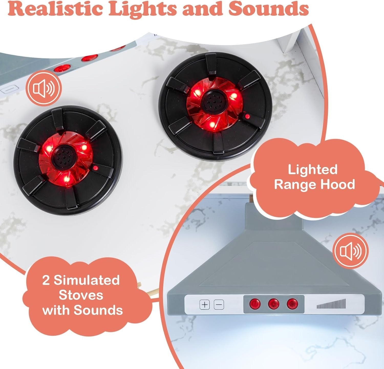 Kids Wooden Play Kitchen Set Lights Sounds Water Ice Maker White Toy