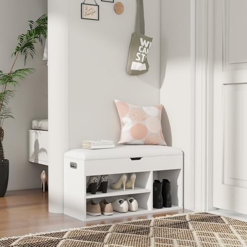 Modern White Shoe Bench with Padded Seat & Hidden Storage | Entryway