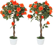 Set of 2 Artificial Rose Trees 90cm Orange Faux Flower Plants Home Garden Decor