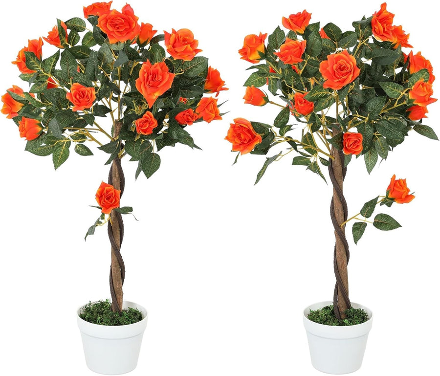 Set of 2 Artificial Rose Trees 90cm Orange Faux Flower Plants Home Garden Decor