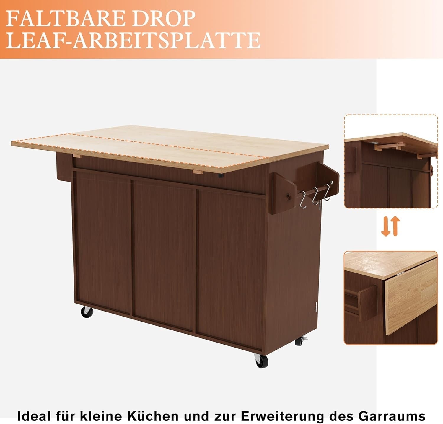 Rolling Kitchen Island Cart Drop Leaf Worktop Cabinet