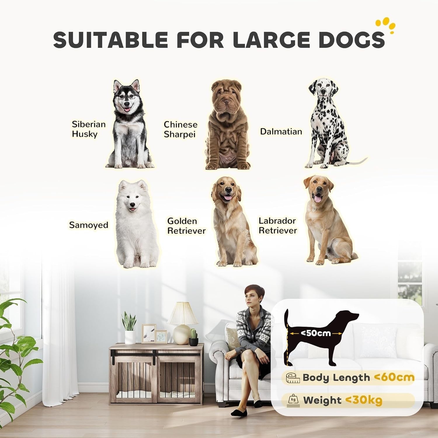 Large Indoor Dog Crate Furniture with Sliding Barn Door & Washable Cushion
