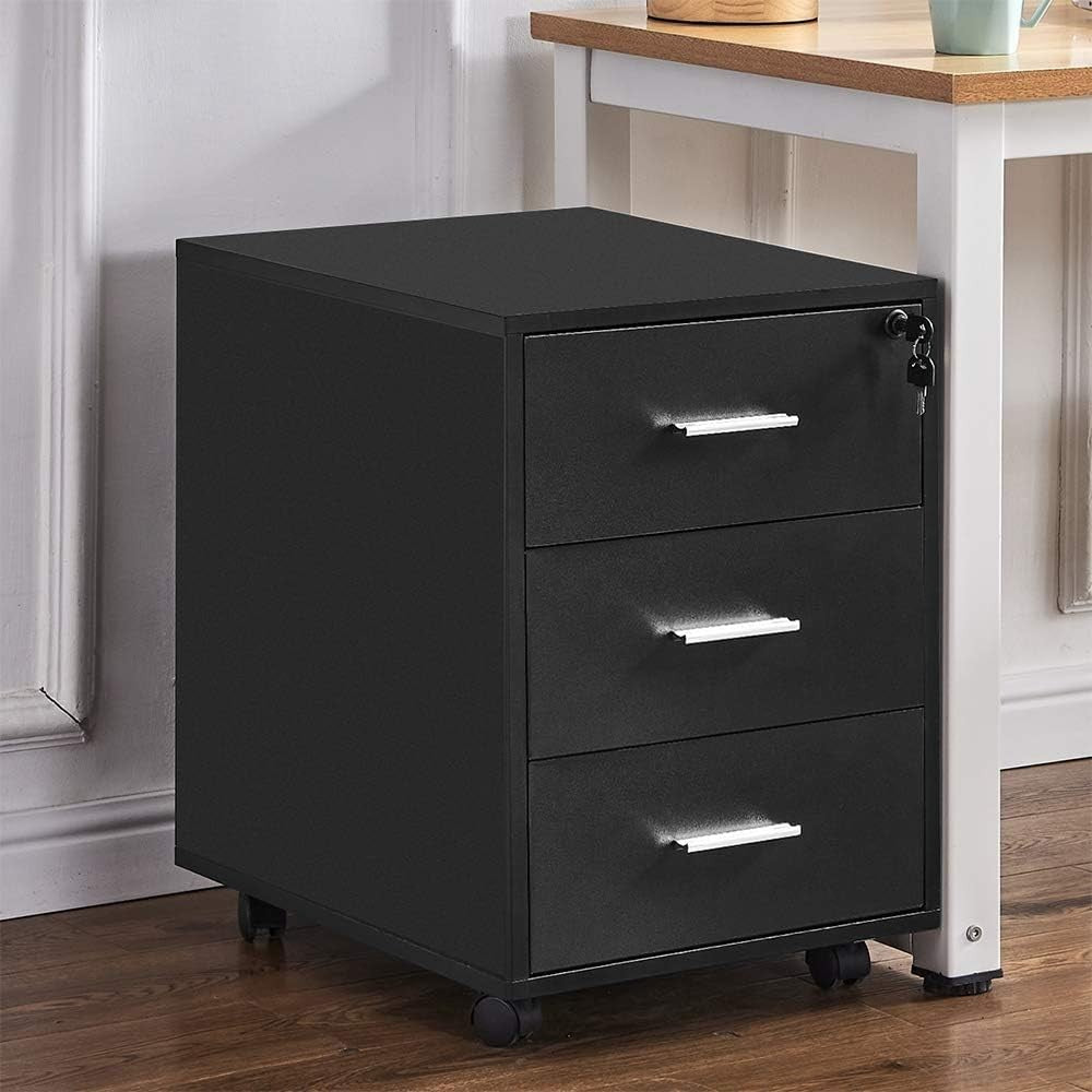 3 Drawer Mobile File Cabinet Lockable A4 Under Desk Storage on Wheels