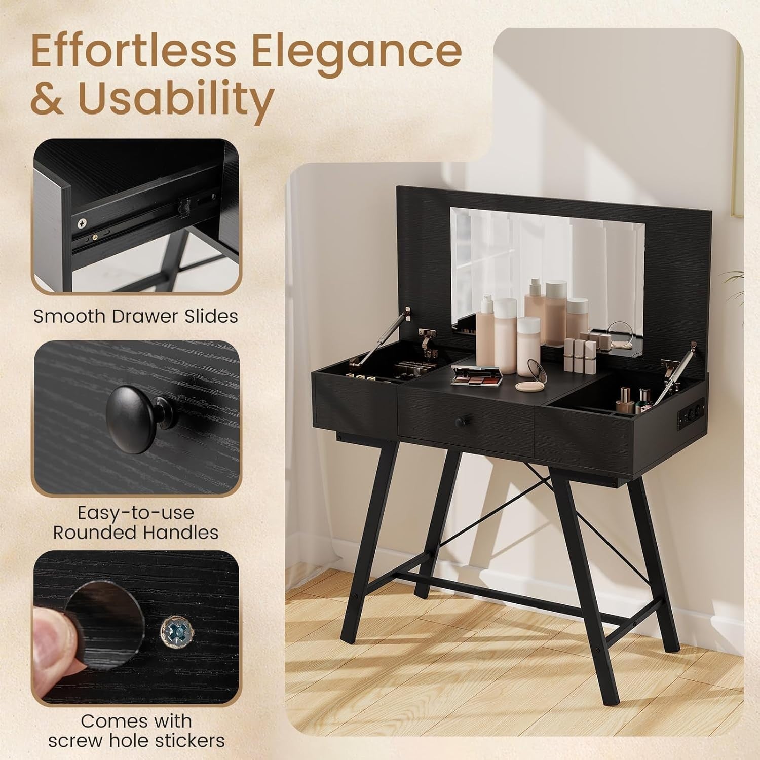 Dressing Table with Mirror Flip Top & Charging Station Vanity Desk Drawers