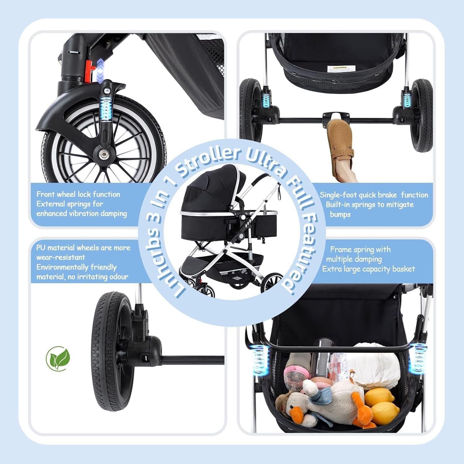 3 in 1 High Landscape Baby Travel System Pram Pushchair 22kg Grey