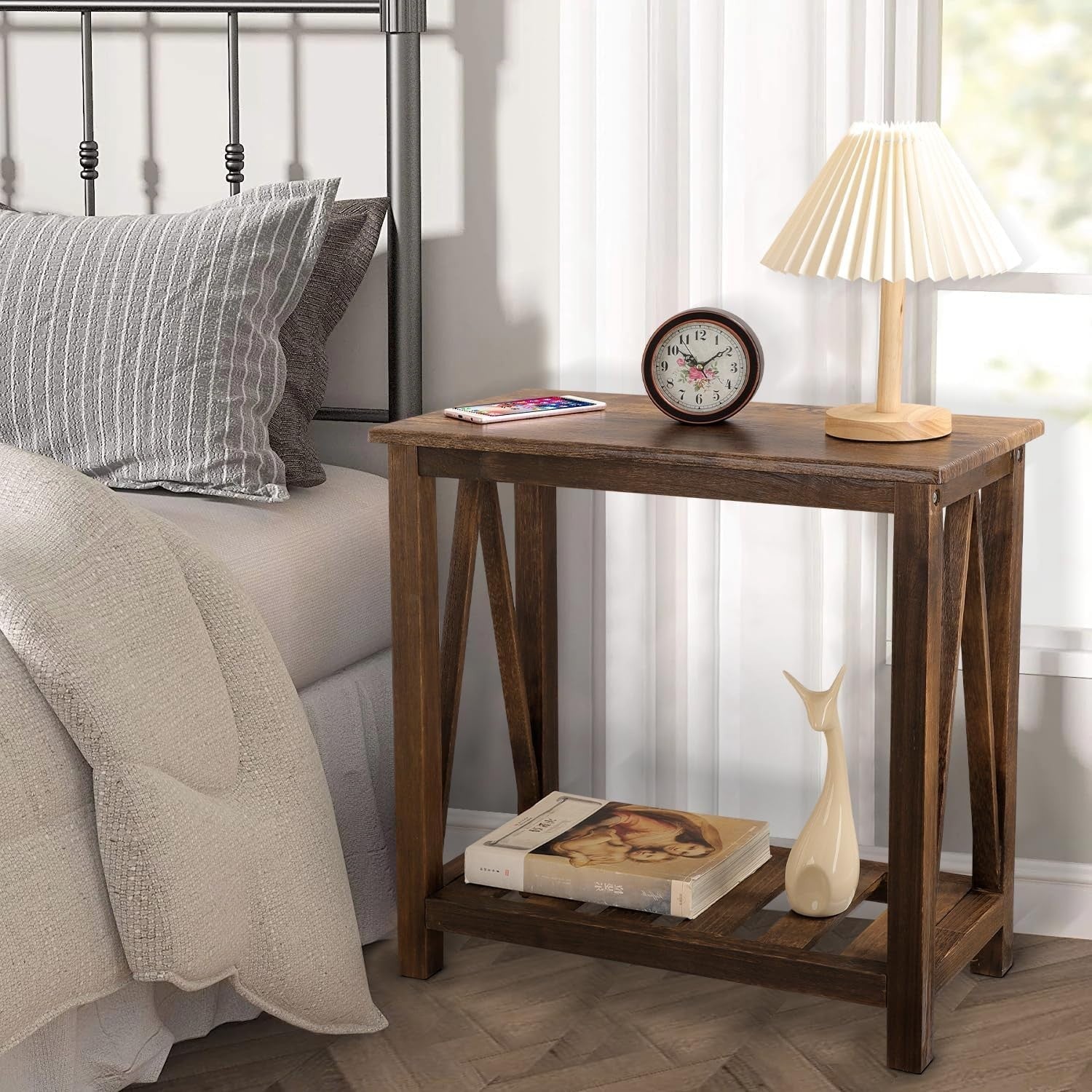 Narrow Brown Industrial Side Table with Storage Shelf, Compact Sofa Nightstand