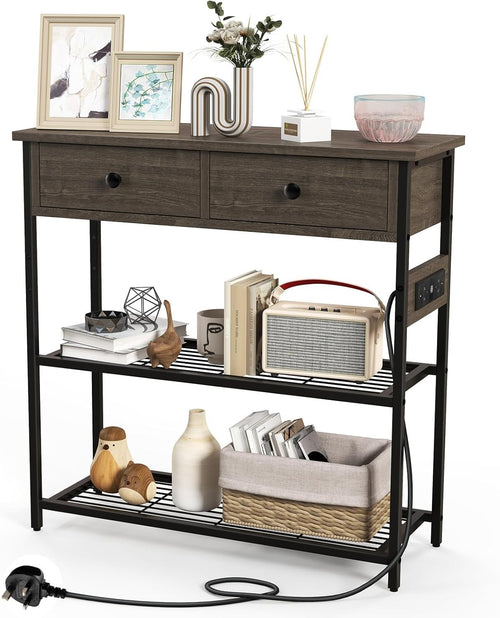 Slim Console Table with Charging Station, 2 Drawers, Storage Shelves 81cm