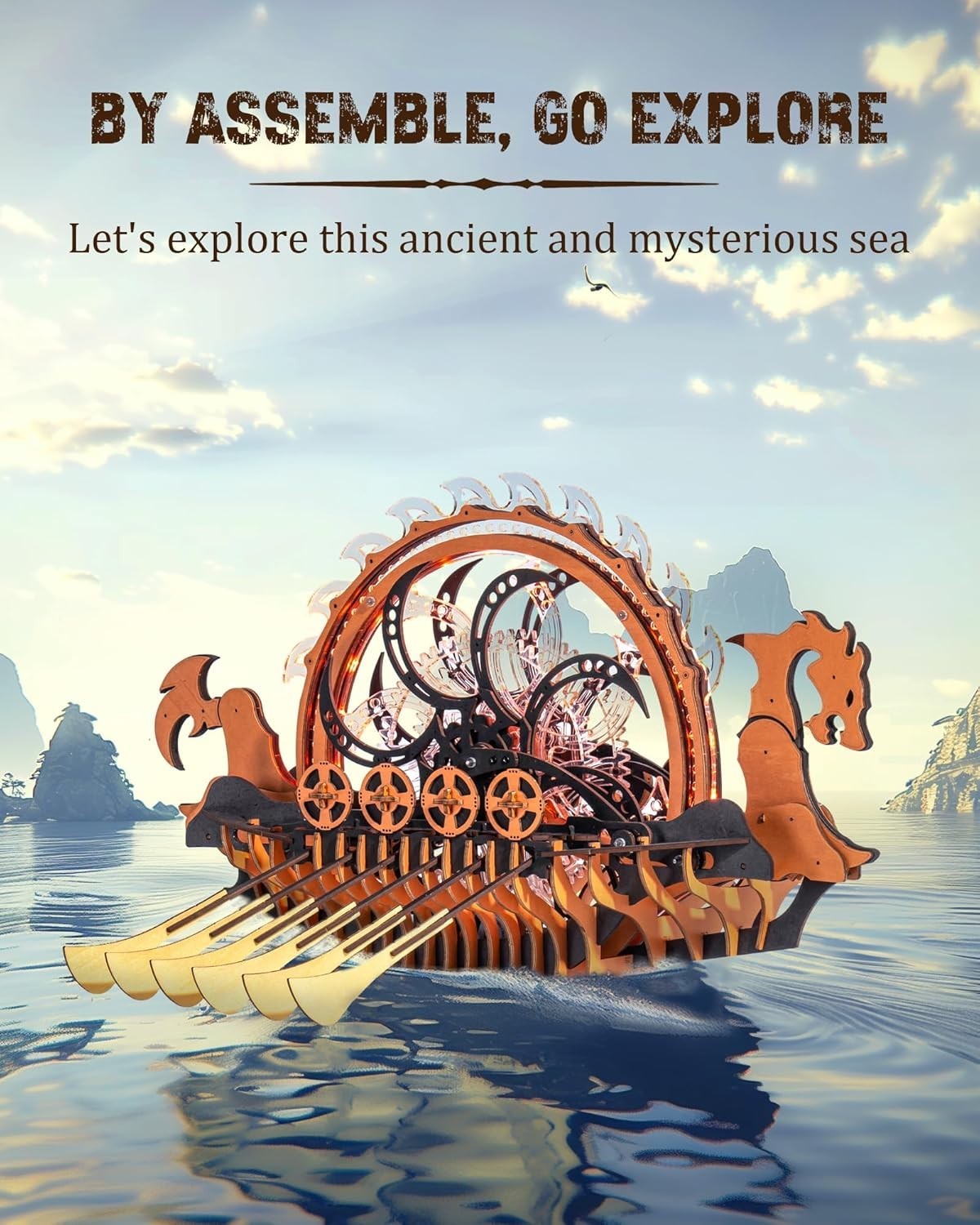 3D Wooden Viking Dragon Ship Puzzle Kit with LED Lights & Mechanical Gears