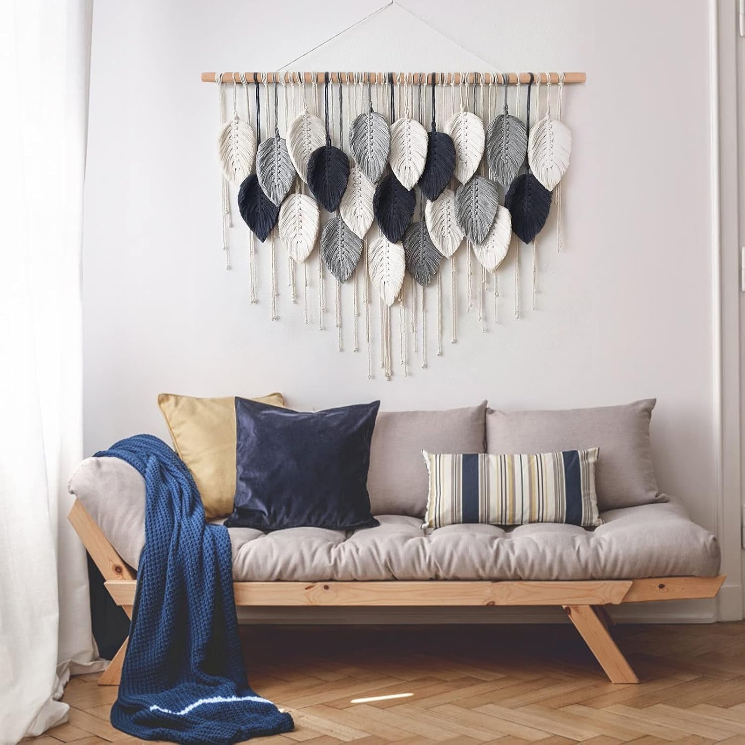 Large Boho Macrame Wall Hanging Leaf Woven Decor Blue
