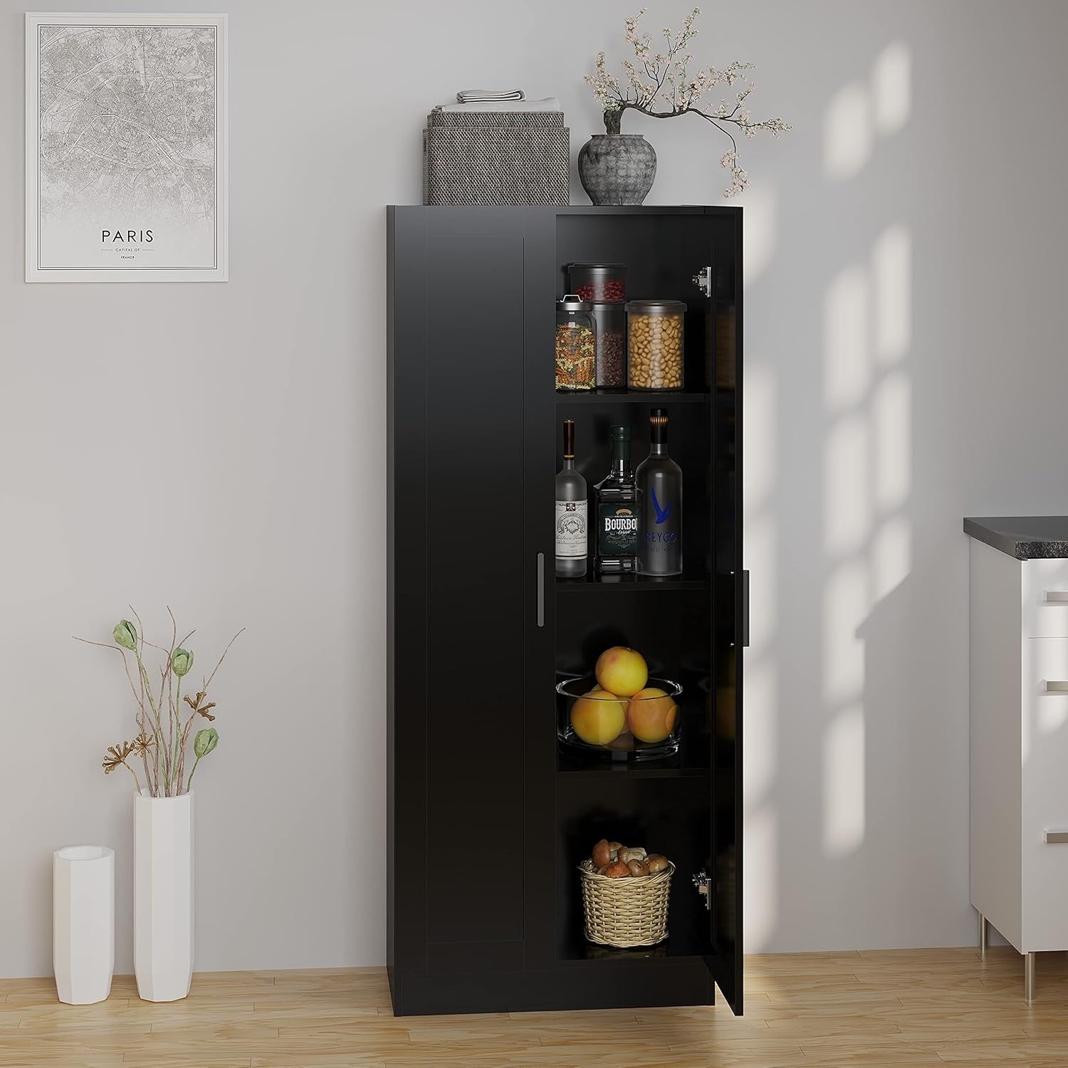 Wooden Storage Cabinet, Freestanding Tall Kitchen Cupboard Narrow Pantry Cabinet