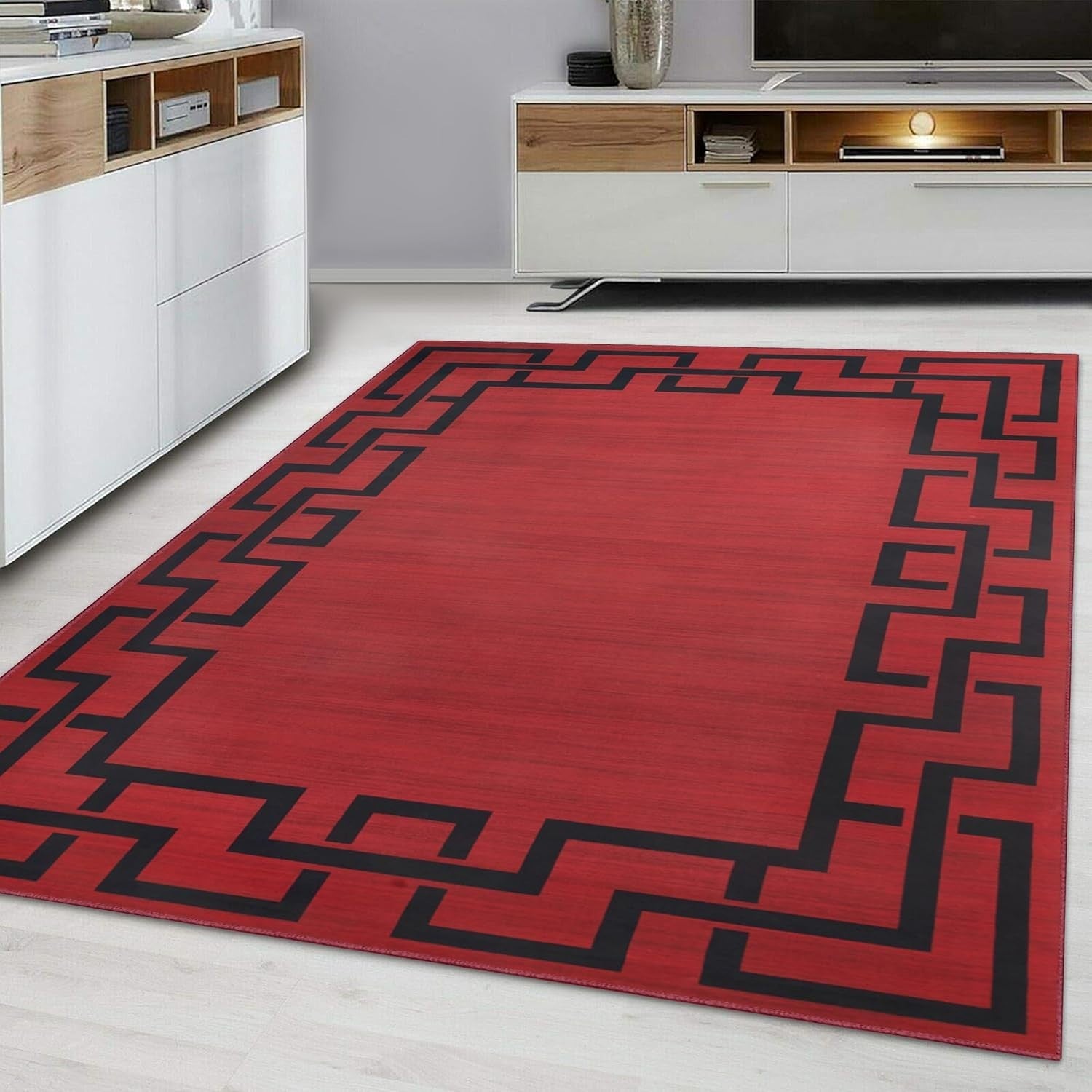 Red Greek Key Rug Soft Modern Indoor Carpet Non-Shedding 120x170cm Easy Clean