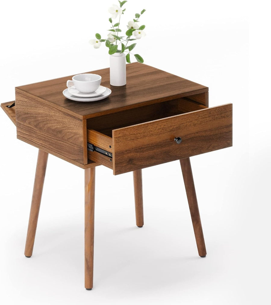 Mid Century Walnut Bedside Table with Drawer & Hidden Storage Shelf
