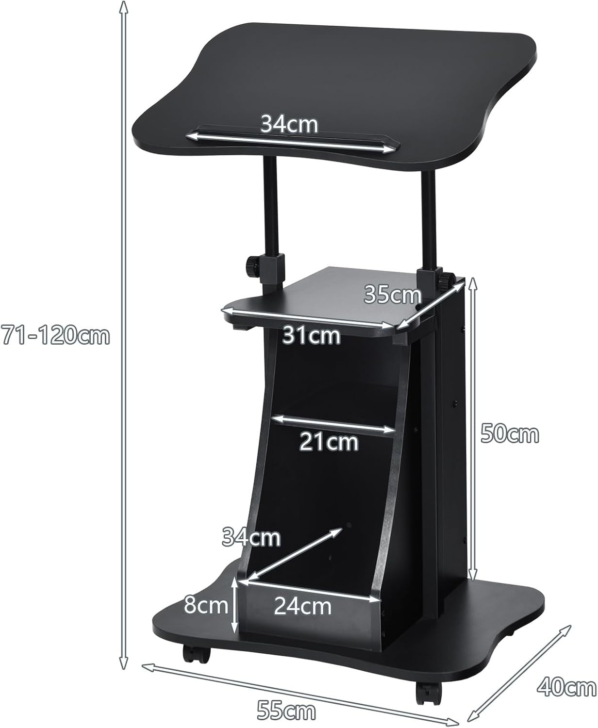 Height Adjustable Overbed Laptop Table with Storage Cabinet on Wheels Black