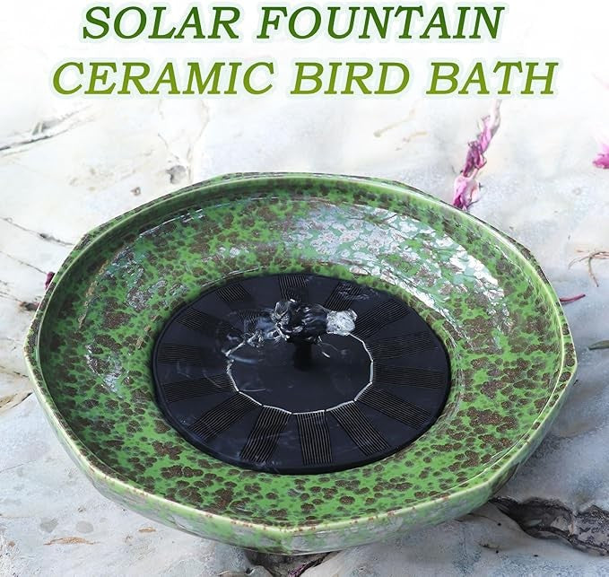 Solar Ceramic Bird Bath Fountain – Outdoor Garden Water Feature Green