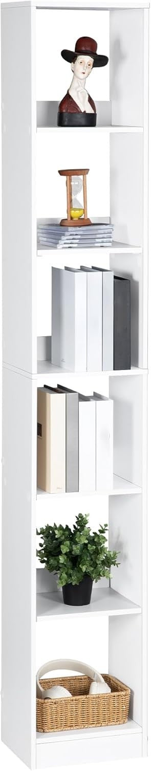 Modern 6-Tier White Wooden Bookshelf, Adjustable Shelves, 24x30x184 cm