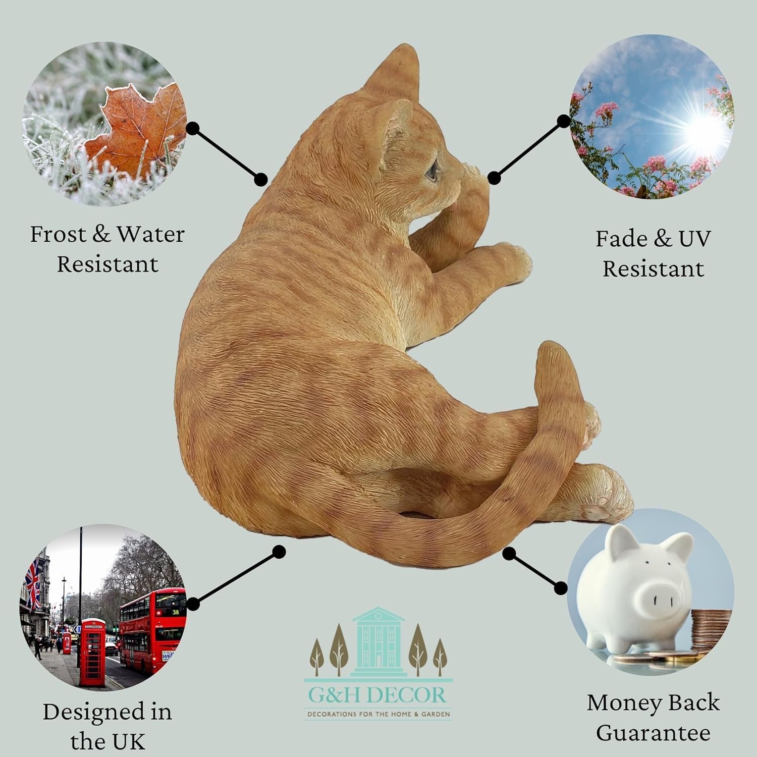 Realistic Orange Tabby Cat Statue Polyresin Garden Ornament Weatherproof Laying