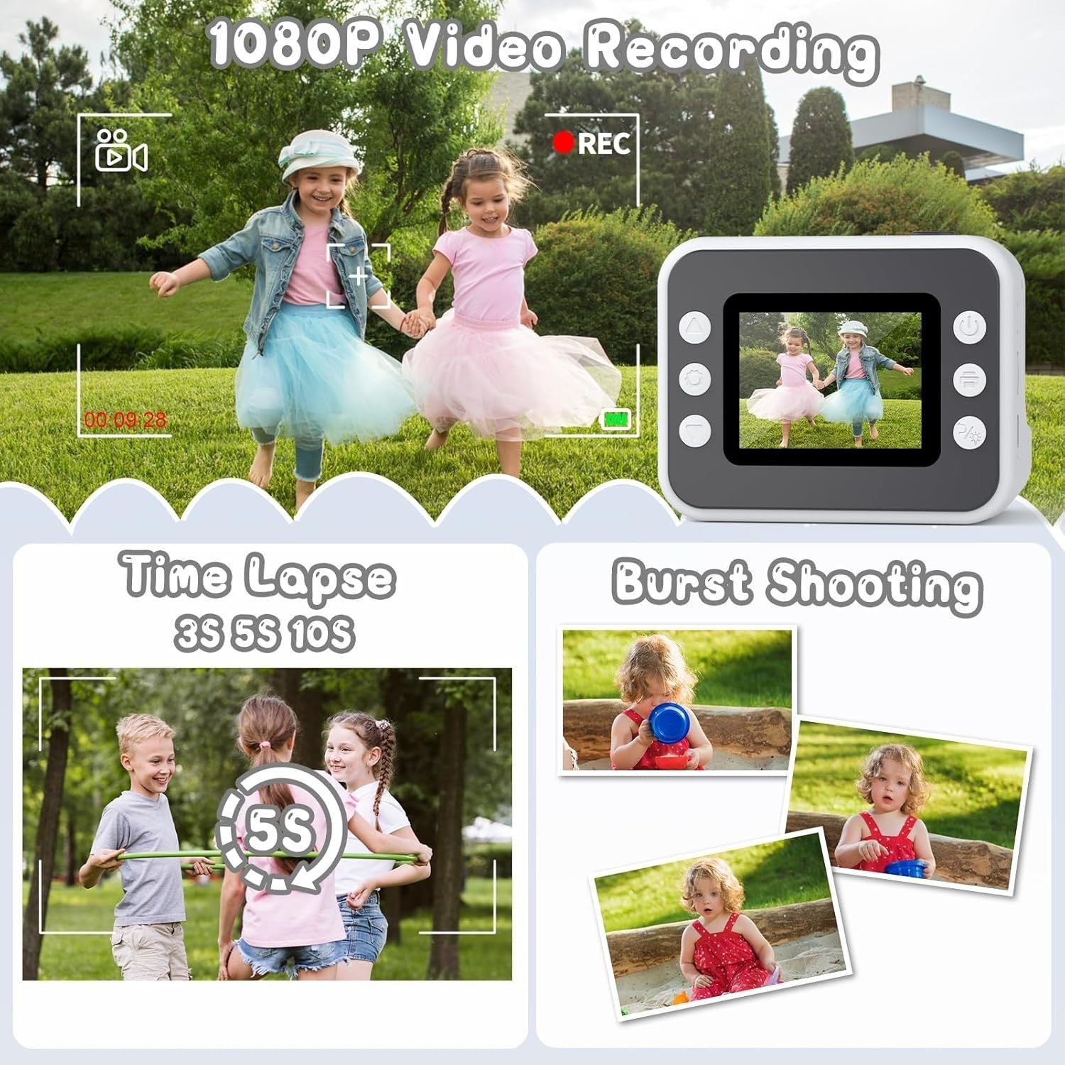 Kids Instant Print Camera 1080P HD 32GB Card Photo Paper Toy White