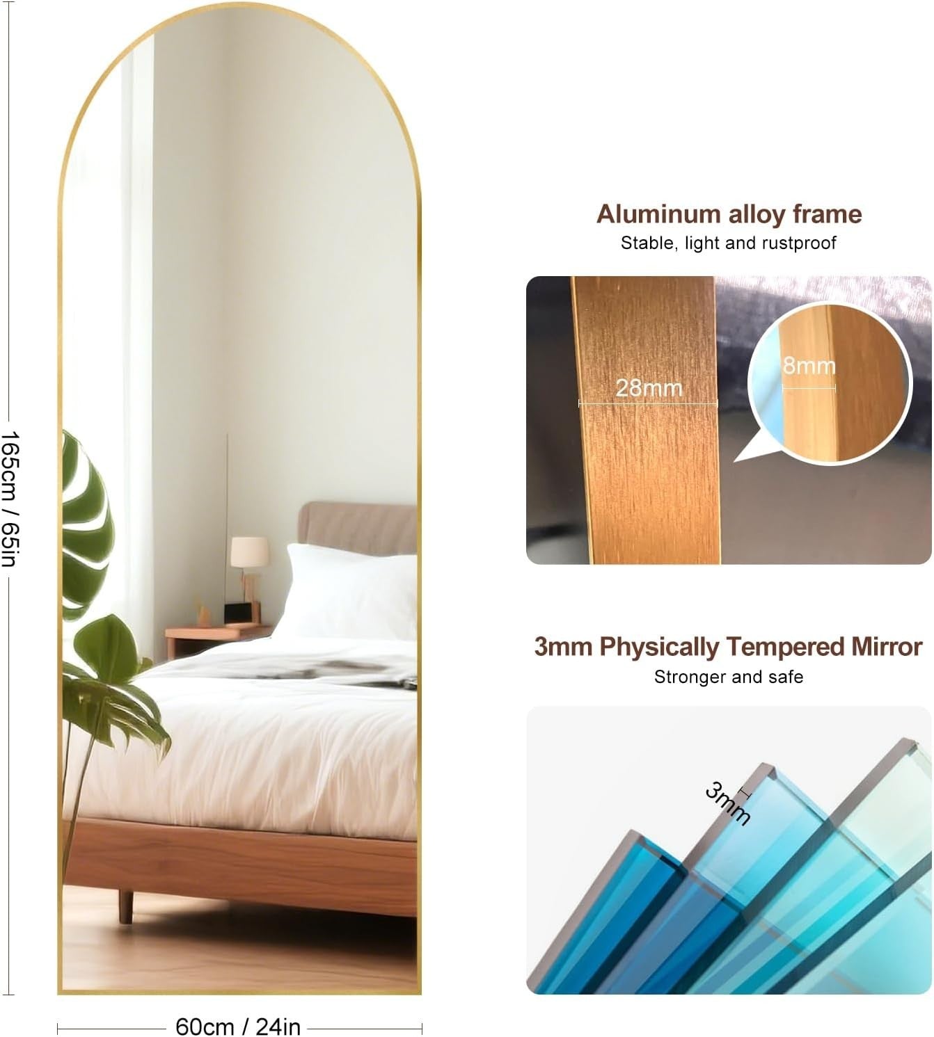 Full Length Arch Mirror 165x60cm Golden Frame Shatterproof Tempered Glass