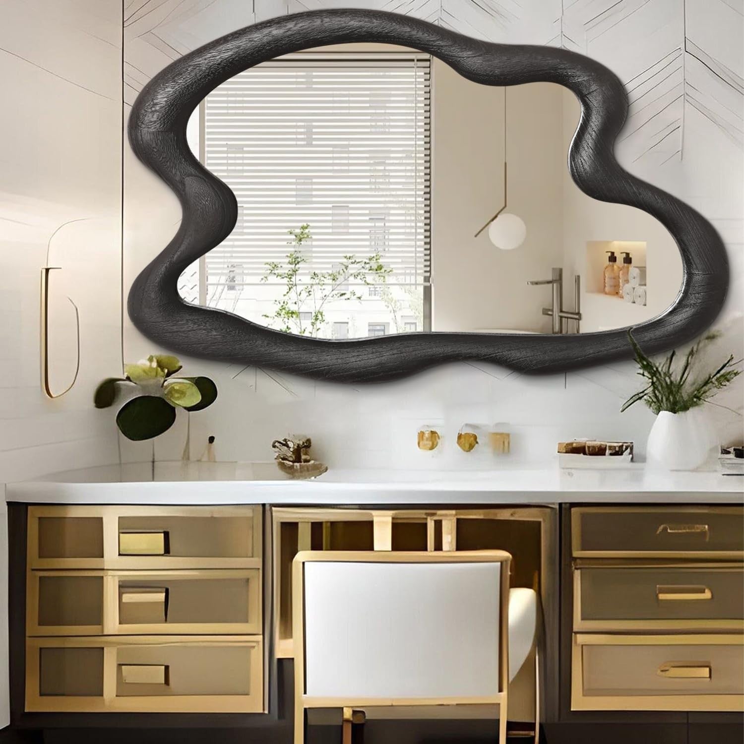 Large 80x60cm Black Irregular Wall Mirror Modern Asymmetrical Wood Frame